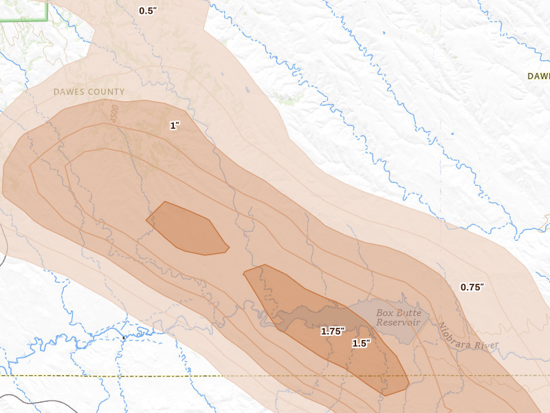Radar-estimated hail-size map of the storm over Marsland, NE on Jul 9, 2026