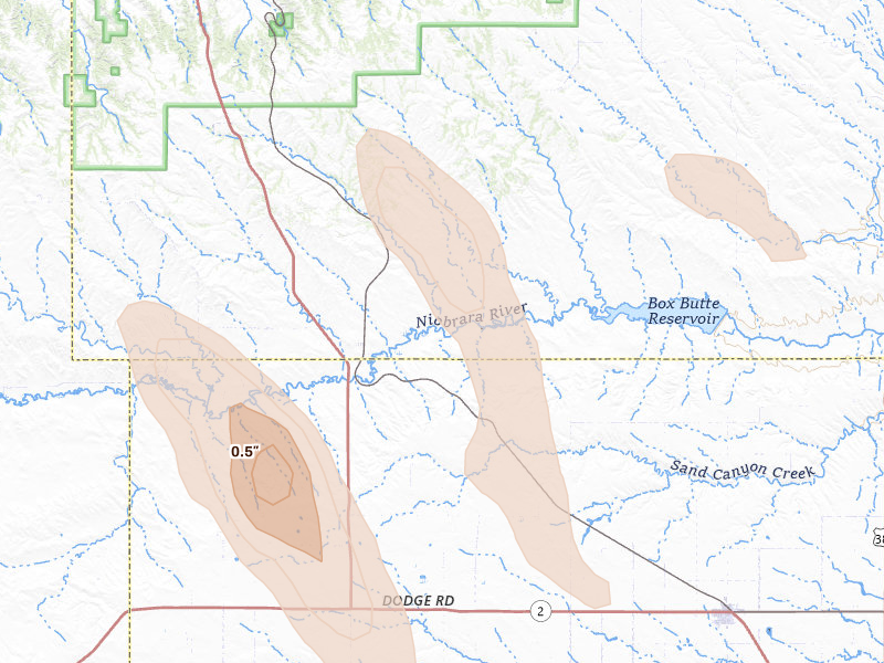 Radar-estimated hail-size map of the storm over Marsland, NE on Aug 21, 2026