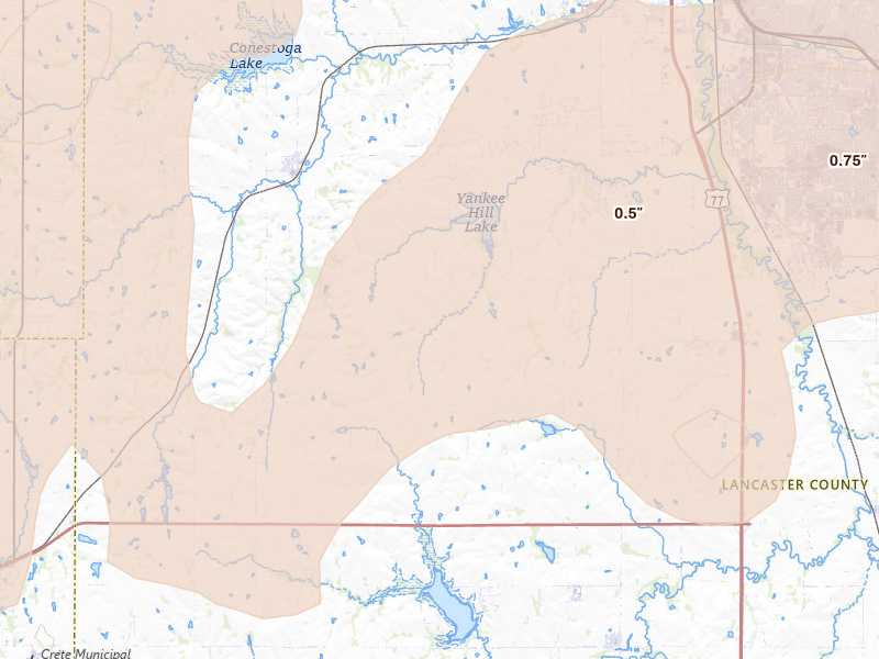 Radar-estimated hail-size map of the storm over Martell, NE on May 17, 2026