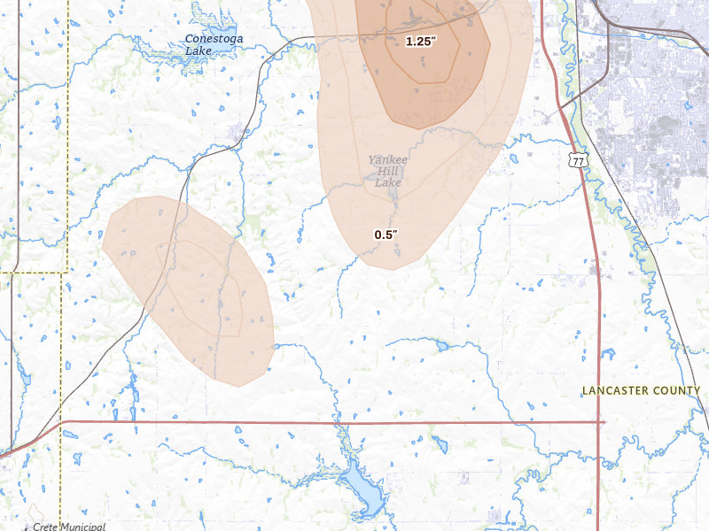 Radar-estimated hail-size map of the storm over Martell, NE on Jun 1, 2026
