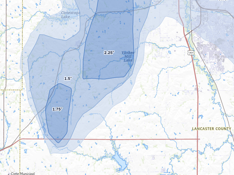 NEXRAD radar-signature map of the hail storm over Martell, NE on Jun 1, 2026