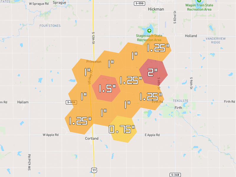 Hail map of Martell, NE on Jun 6, 2026, hail up to 2"