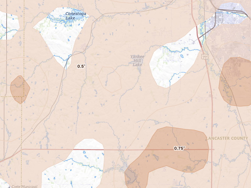 Radar-estimated hail-size map of the storm over Martell, NE on Jun 10, 2026