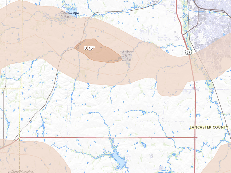 Radar-estimated hail-size map of the storm over Martell, NE on Jul 3, 2026
