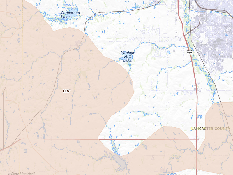 Radar-estimated hail-size map of the storm over Martell, NE on Aug 19, 2026