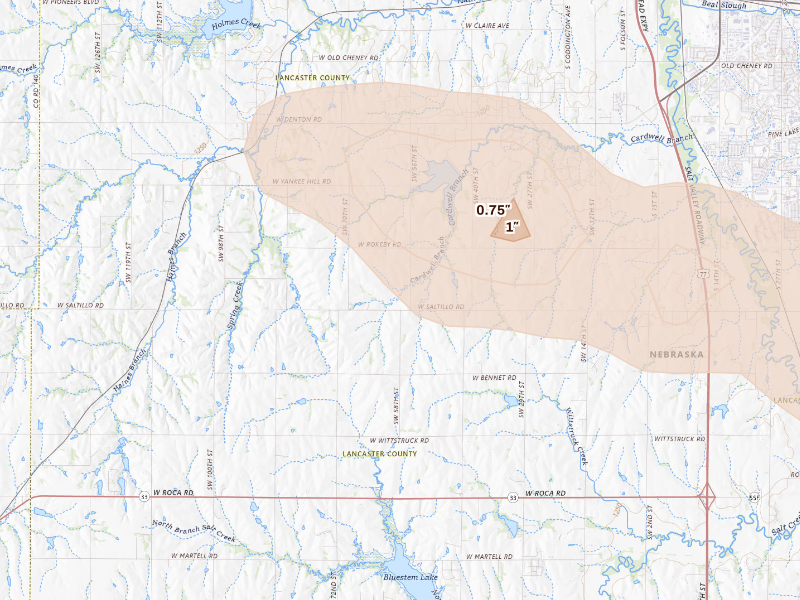 Radar-estimated hail-size map of the storm over Martell, NE