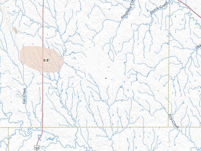 Radar-estimated hail-size map of the storm over Mason City, NE on Jul 4, 2026