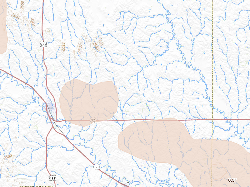 Radar-estimated hail-size map of the storm over Mason City, NE on Aug 8, 2026
