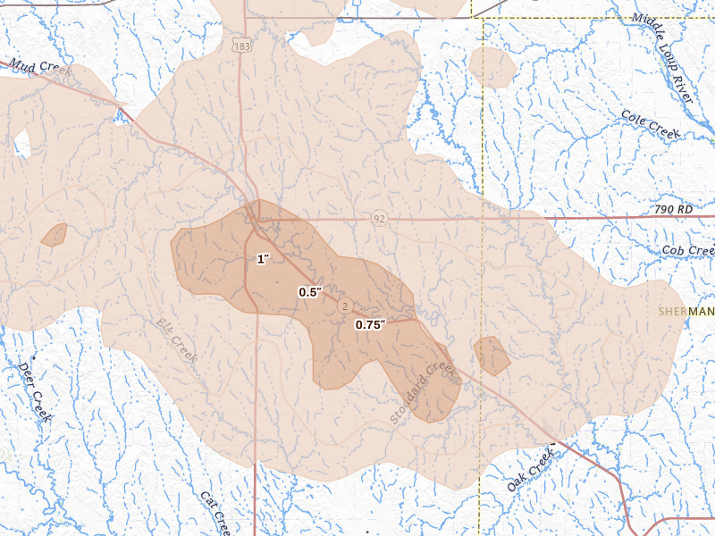 Radar-estimated hail-size map of the storm over Mason City, NE on Aug 12, 2026