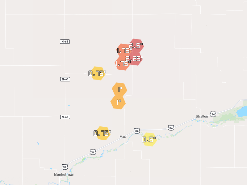 Hail map of Max, NE on Jul 3, 2026, hail up to 2.5"