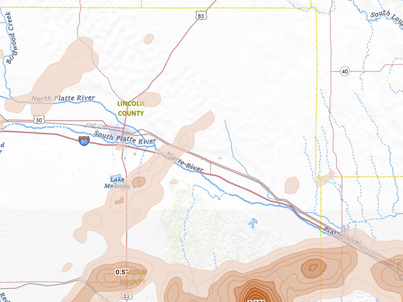 Radar-estimated hail-size map of the storm over Maxwell, NE on May 16, 2026