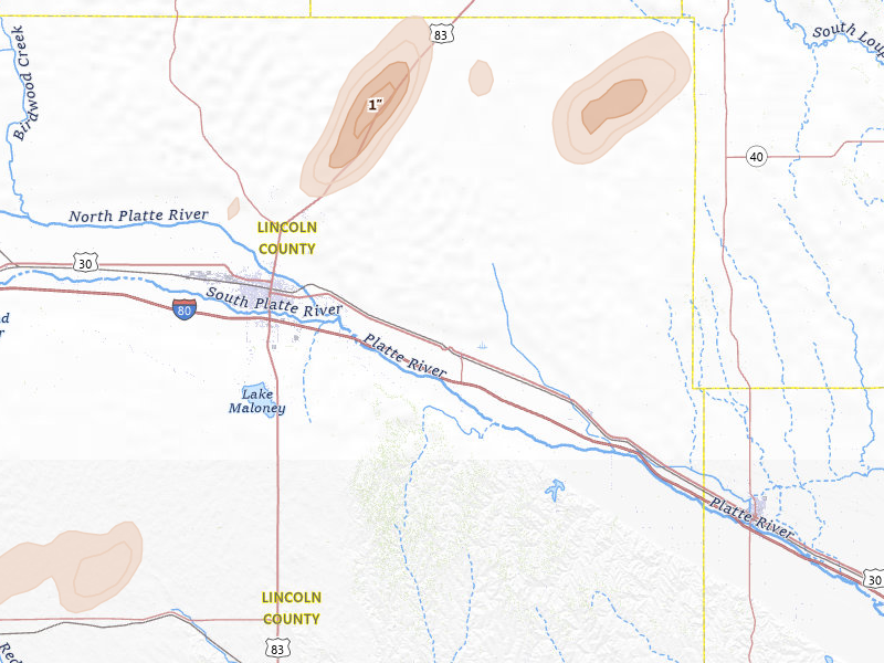 Radar-estimated hail-size map of the storm over Maxwell, NE on Jun 7, 2026