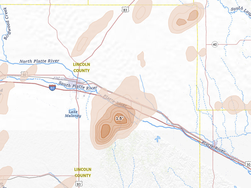 Radar-estimated hail-size map of the storm over Maxwell, NE on Jun 8, 2026