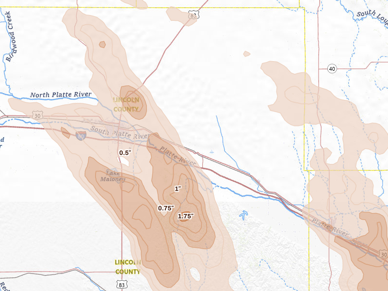 Radar-estimated hail-size map of the storm over Maxwell, NE on Jun 24, 2026