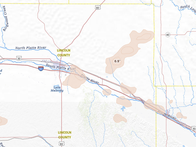 Radar-estimated hail-size map of the storm over Maxwell, NE on Jul 8, 2026