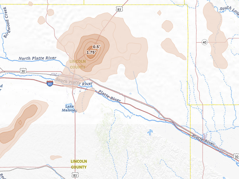 Radar-estimated hail-size map of the storm over Maxwell, NE on Jul 9, 2026