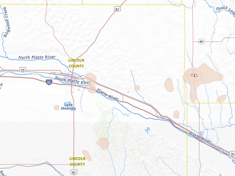 Radar-estimated hail-size map of the storm over Maxwell, NE on Jul 28, 2026