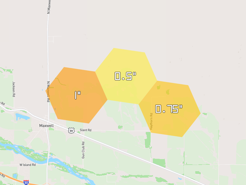 Hail map of Maxwell, NE on Jul 29, 2026, hail up to 1"