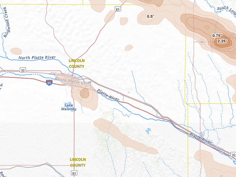 Radar-estimated hail-size map of the storm over Maxwell, NE on Jul 30, 2026