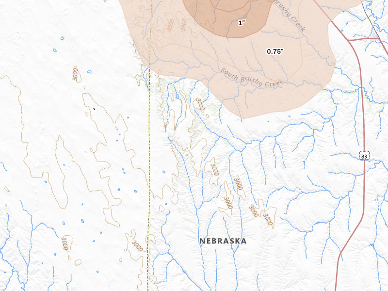 Radar-estimated hail-size map of the storm over Maywood, NE on May 30, 2026