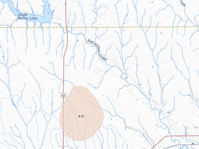 Radar-estimated hail-size map of the storm over Mc Cook, NE on May 16, 2026