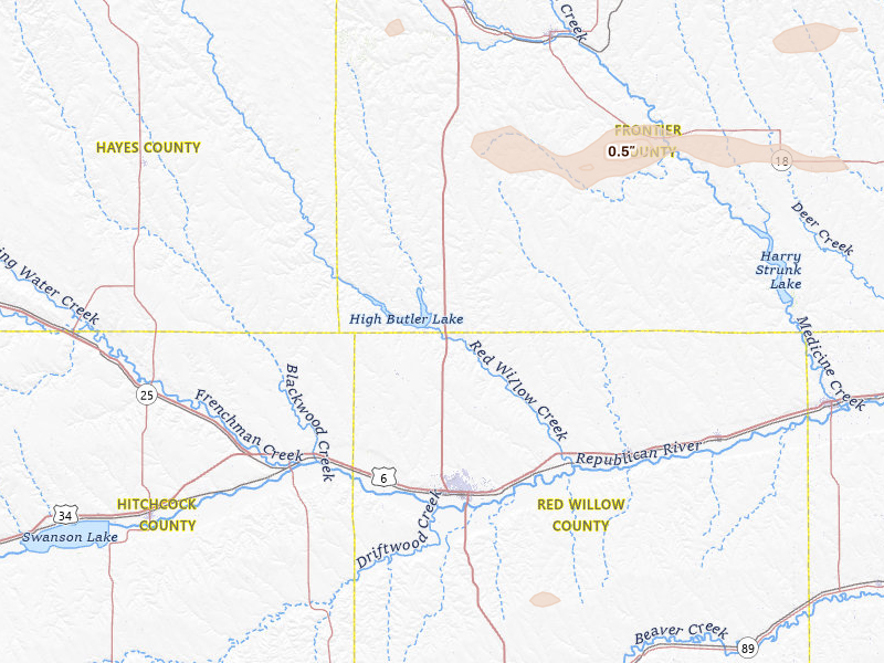 Radar-estimated hail-size map of the storm over Mc Cook, NE on Jun 12, 2026