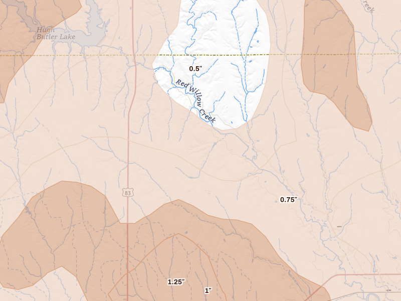 Radar-estimated hail-size map of the storm over Mc Cook, NE on Jul 2, 2026