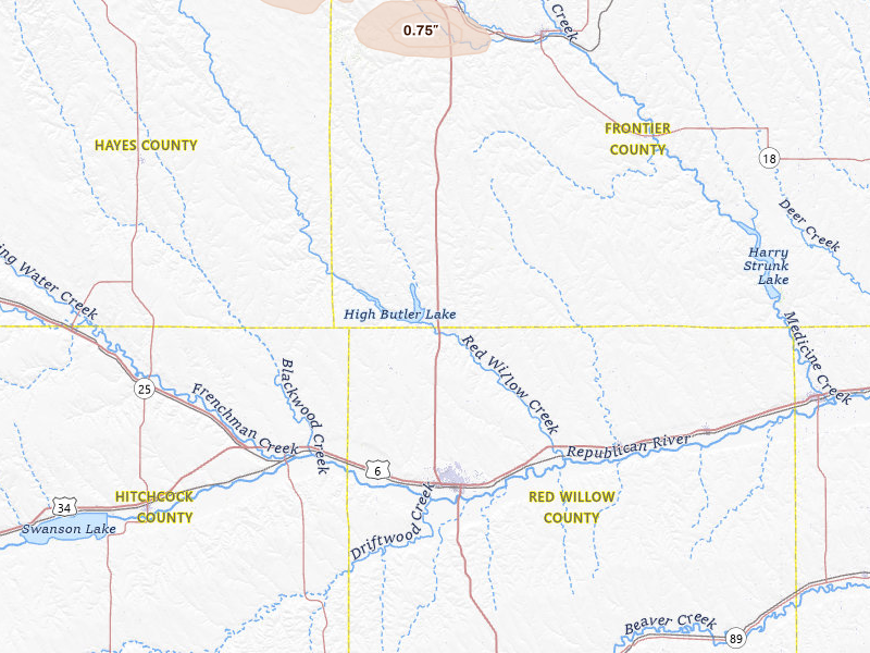 Radar-estimated hail-size map of the storm over Mc Cook, NE on Jul 8, 2026