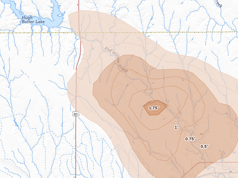 Radar-estimated hail-size map of the storm over Mc Cook, NE on Jul 27, 2026