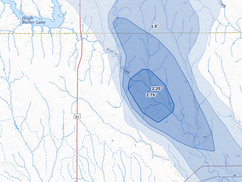 NEXRAD radar-signature map of the hail storm over Mc Cook, NE on Jul 27, 2026