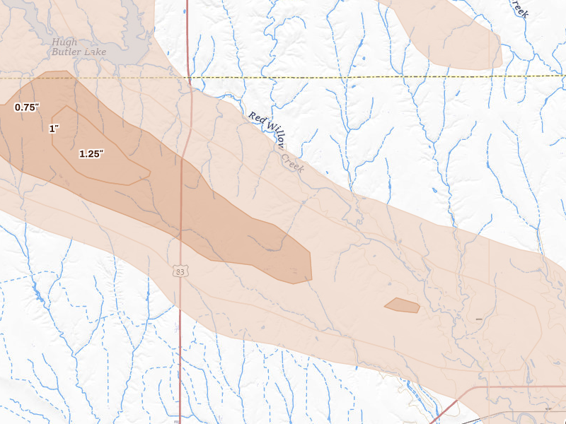 Radar-estimated hail-size map of the storm over Mc Cook, NE on Jul 30, 2026
