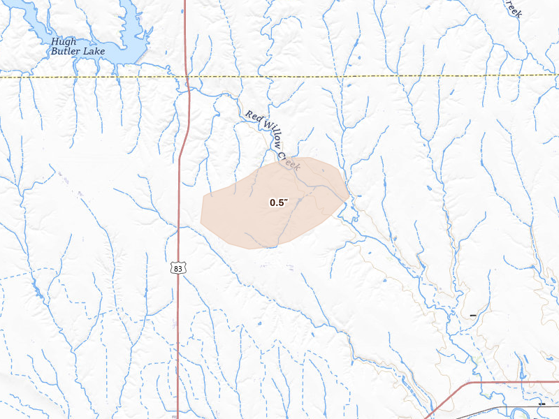 Radar-estimated hail-size map of the storm over Mc Cook, NE on Aug 3, 2026