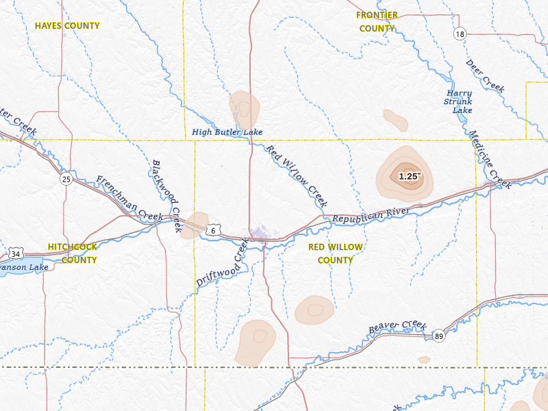 Radar-estimated hail-size map of the storm over Mc Cook, NE on Aug 13, 2026
