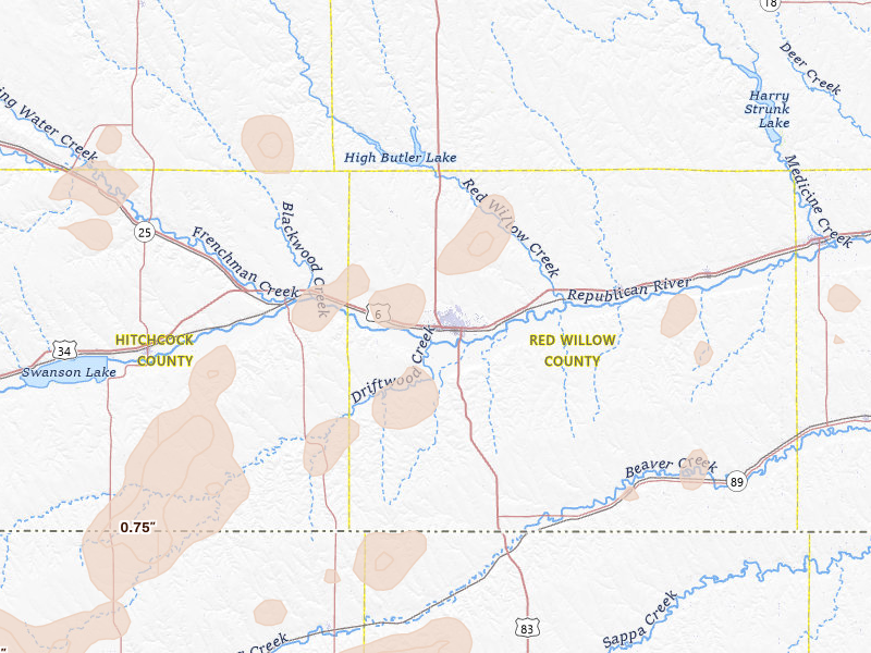 Radar-estimated hail-size map of the storm over Mc Cook, NE on Aug 14, 2026