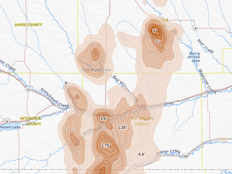 Radar-estimated hail-size map of the storm over Mc Cook, NE on Aug 20, 2026
