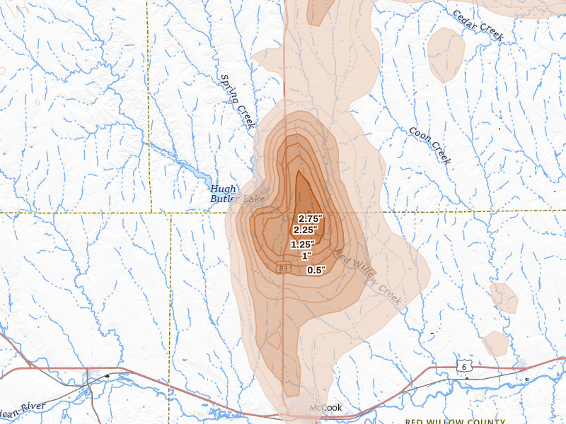 Radar-estimated hail-size map of the storm over Mc Cook, NE on Aug 26, 2026