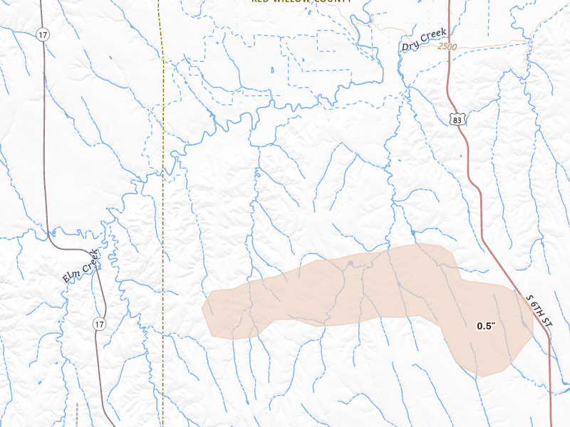 Radar-estimated hail-size map of the storm over Mc Cook, NE on Aug 28, 2026