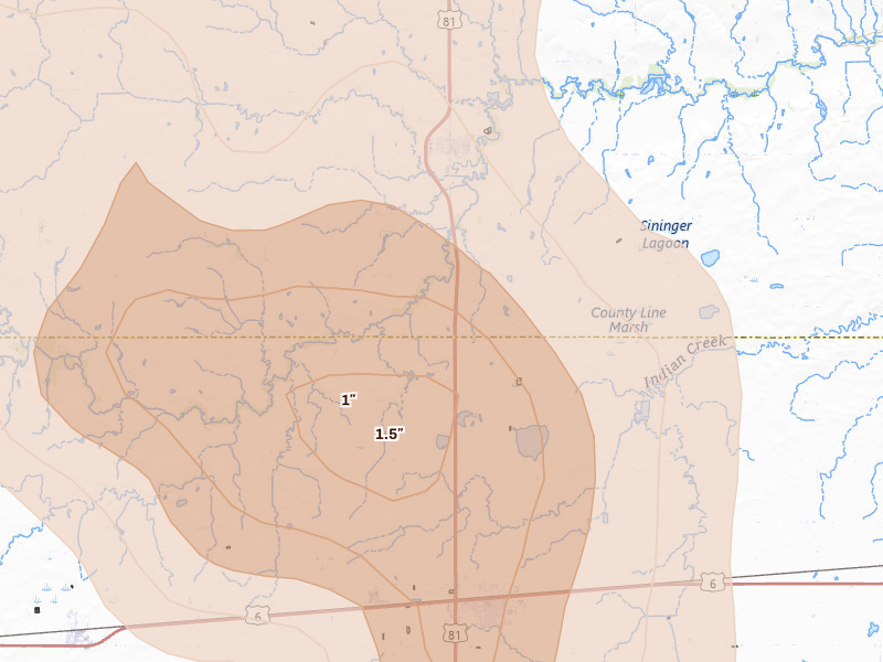 Radar-estimated hail-size map of the storm over Mc Cool Junction, NE on May 16, 2026