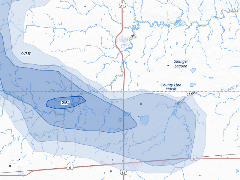 NEXRAD radar-signature map of the hail storm over Mc Cool Junction, NE on May 16, 2026