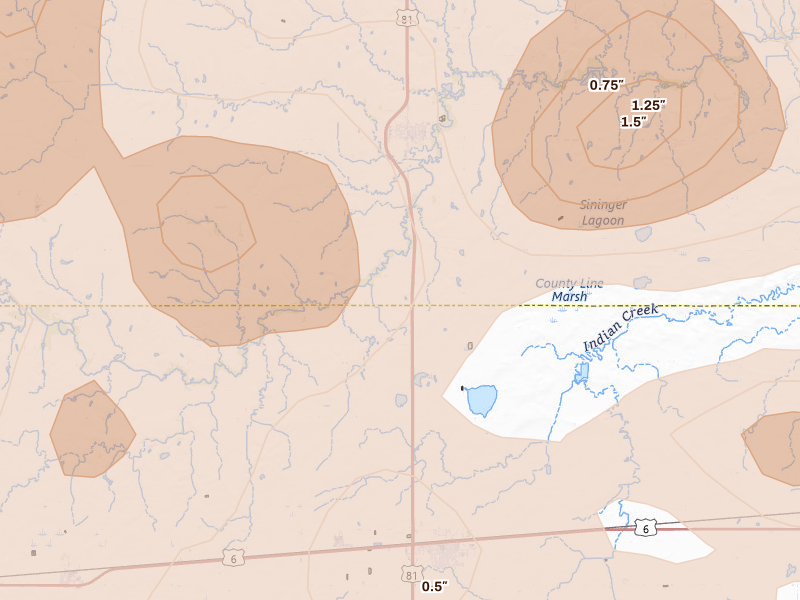 Radar-estimated hail-size map of the storm over Mc Cool Junction, NE on Jun 5, 2026