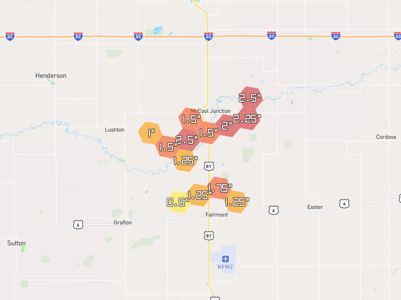 Hail map of Mc Cool Junction, NE on Jun 6, 2026, hail up to 2.5"