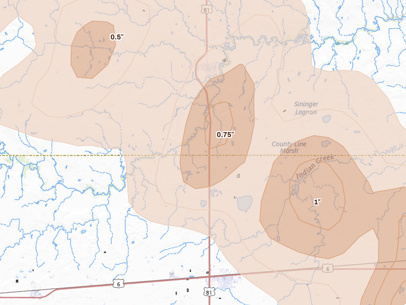 Radar-estimated hail-size map of the storm over Mc Cool Junction, NE on Aug 19, 2026