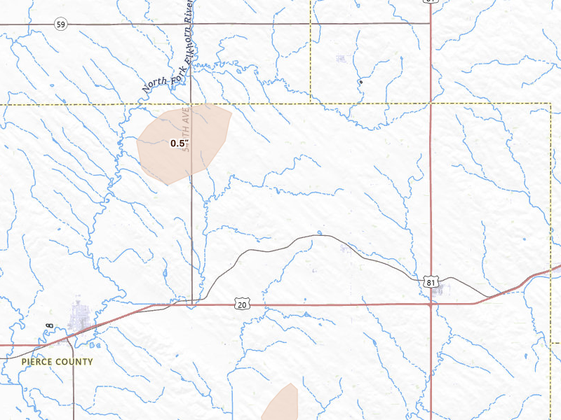 Radar-estimated hail-size map of the storm over Mclean, NE on May 25, 2026