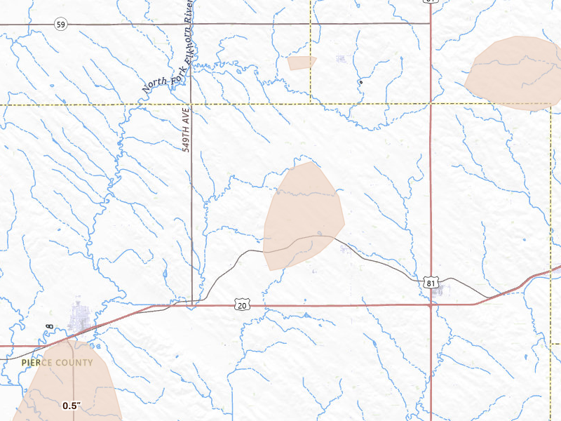 Radar-estimated hail-size map of the storm over Mclean, NE on Jun 30, 2026