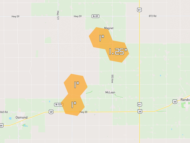 Hail map of McLean, NE on Jul 1, 2026, hail up to 1.25"