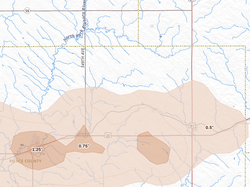 Radar-estimated hail-size map of the storm over Mclean, NE on Sep 1, 2026