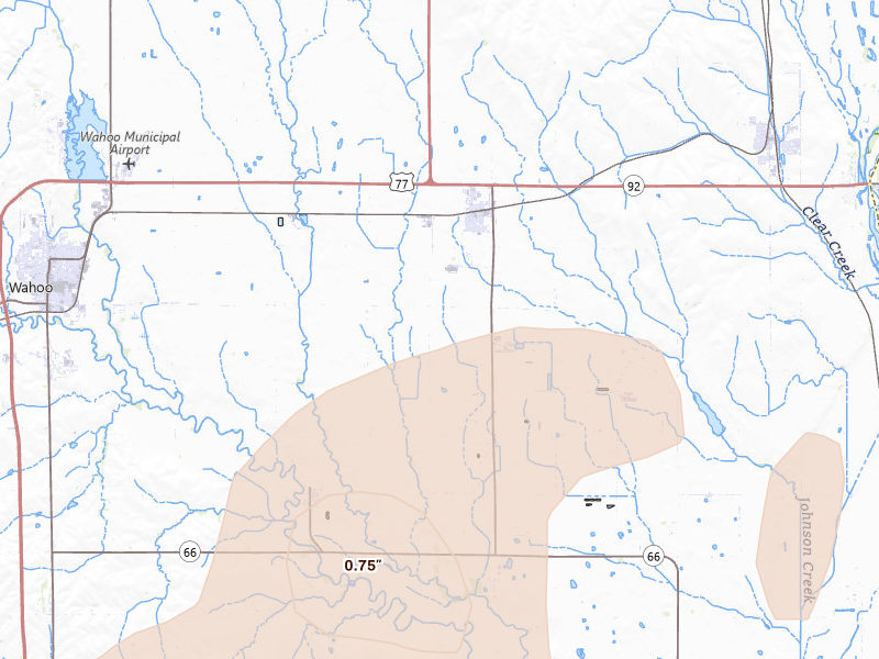 Radar-estimated hail-size map of the storm over Mead, NE on May 17, 2026