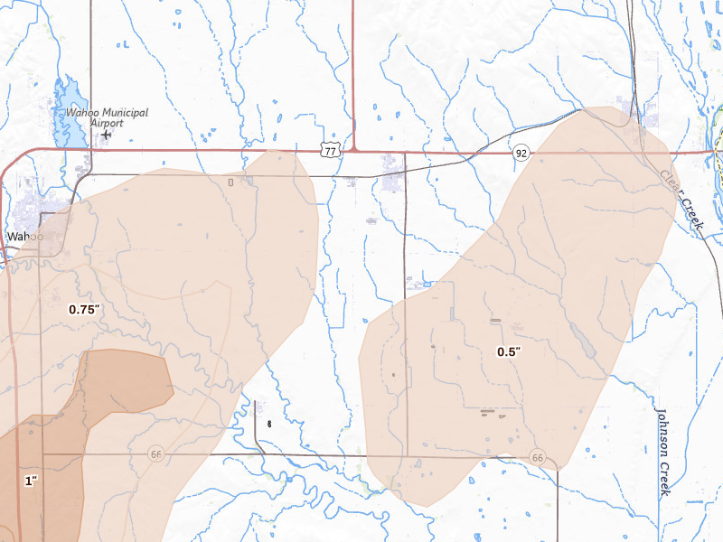 Radar-estimated hail-size map of the storm over Mead, NE on Jun 9, 2026