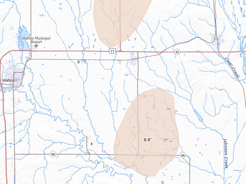 Radar-estimated hail-size map of the storm over Mead, NE on Jul 1, 2026