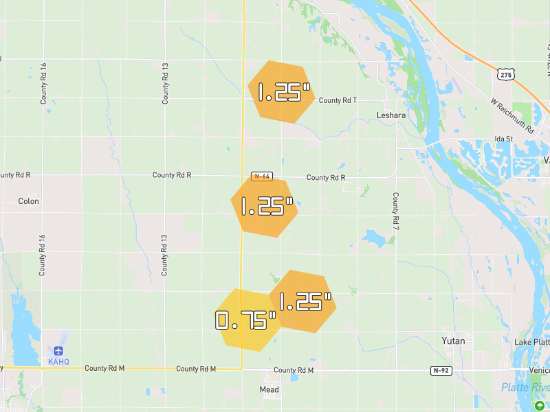 Hail map of Mead, NE on Jul 2, 2026, hail up to 1.25"